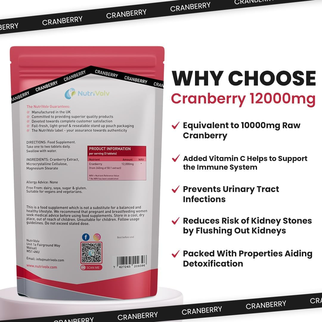 Cranberry 12,000Mg Tablets — 120 Tablets Non-Alcoholic & Gluten-Free Antioxidant Syrup — Fights Urinary Tract Infections & Strengthens Your Immunity — Naturally Extracted Pure Cranberries