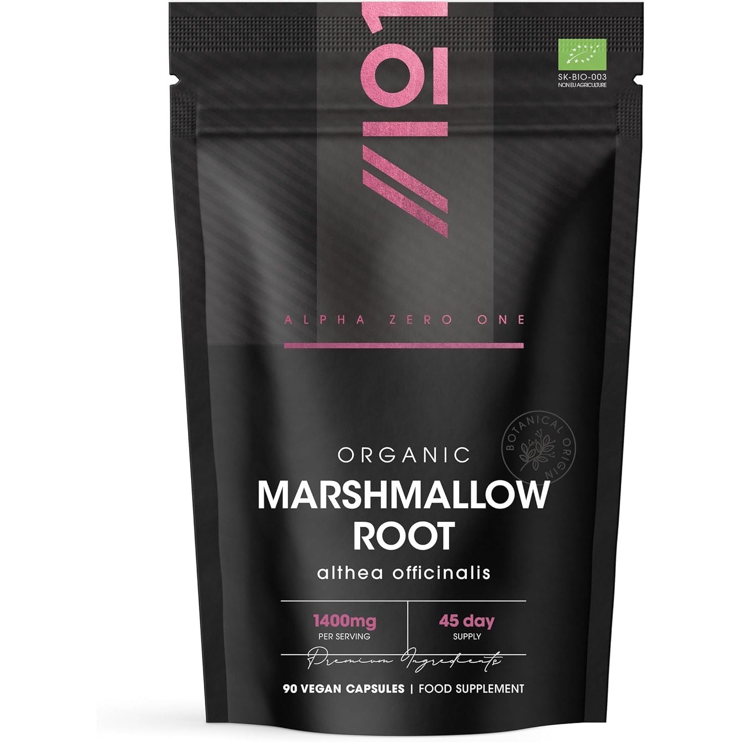 Organic Marshmallow Root 1400Mg - 90 Vegan Capsules - Potent Althea Officinalis Supplement - 45 Day Supply - Resealable and Recyclable Pouch - by Alpha01