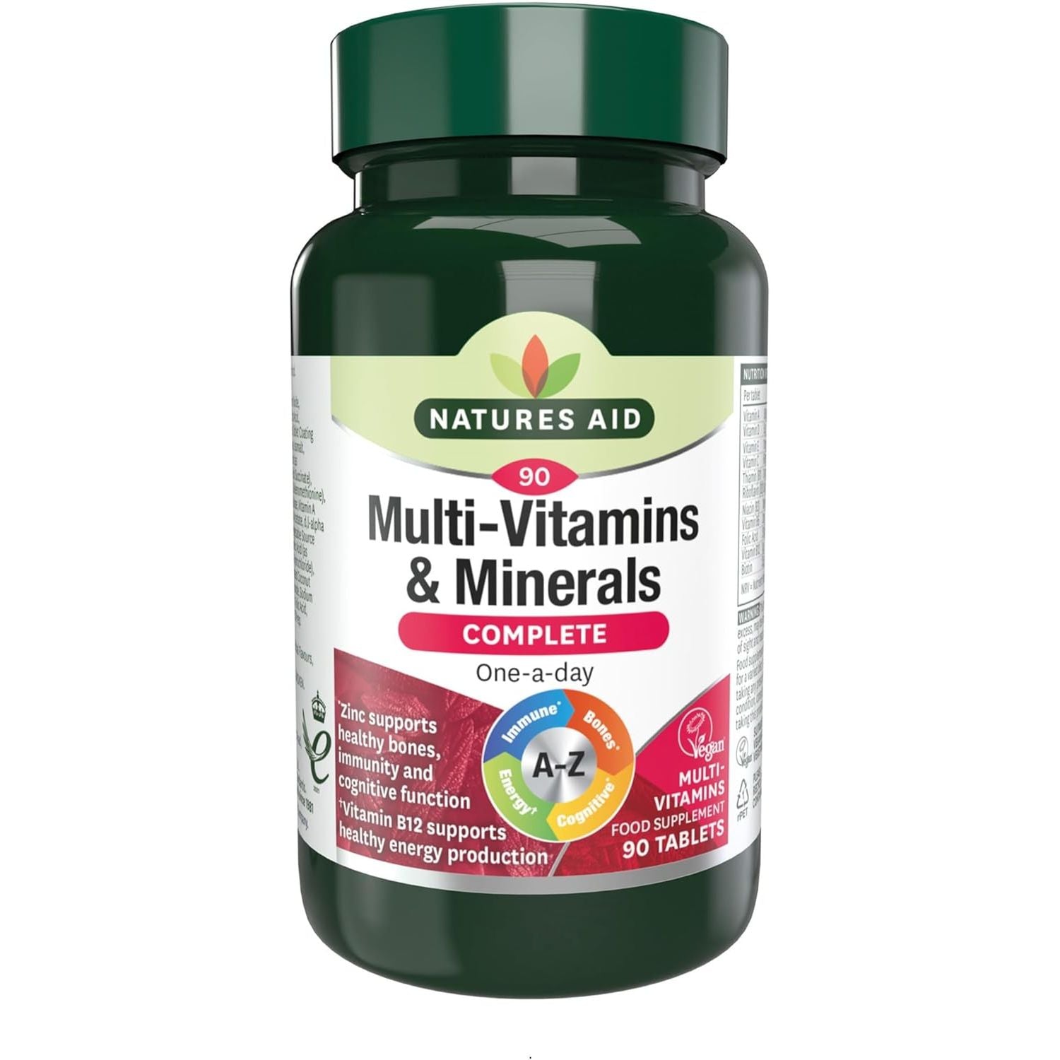 Natures Aid Multivitamins & Minerals – One-A-Day High Potency Daily Multi-Vitamin Supplement Inc. B12 & Zinc – Supports Energy, Bones, Immunity, Hair, Nails – Vegan, Non-Gmo, Gluten-Free – 90 Tablets