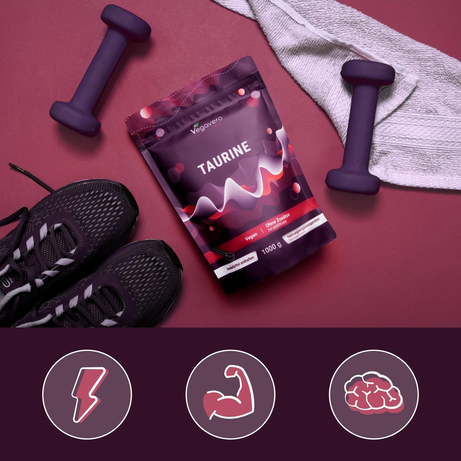 Vegavero L Taurine Powder 1Kg | 3000 Mg Daily Dose | 1 Year Supply | 100% Pure Taurine | NO Additives | Lab-Tested | Vegan