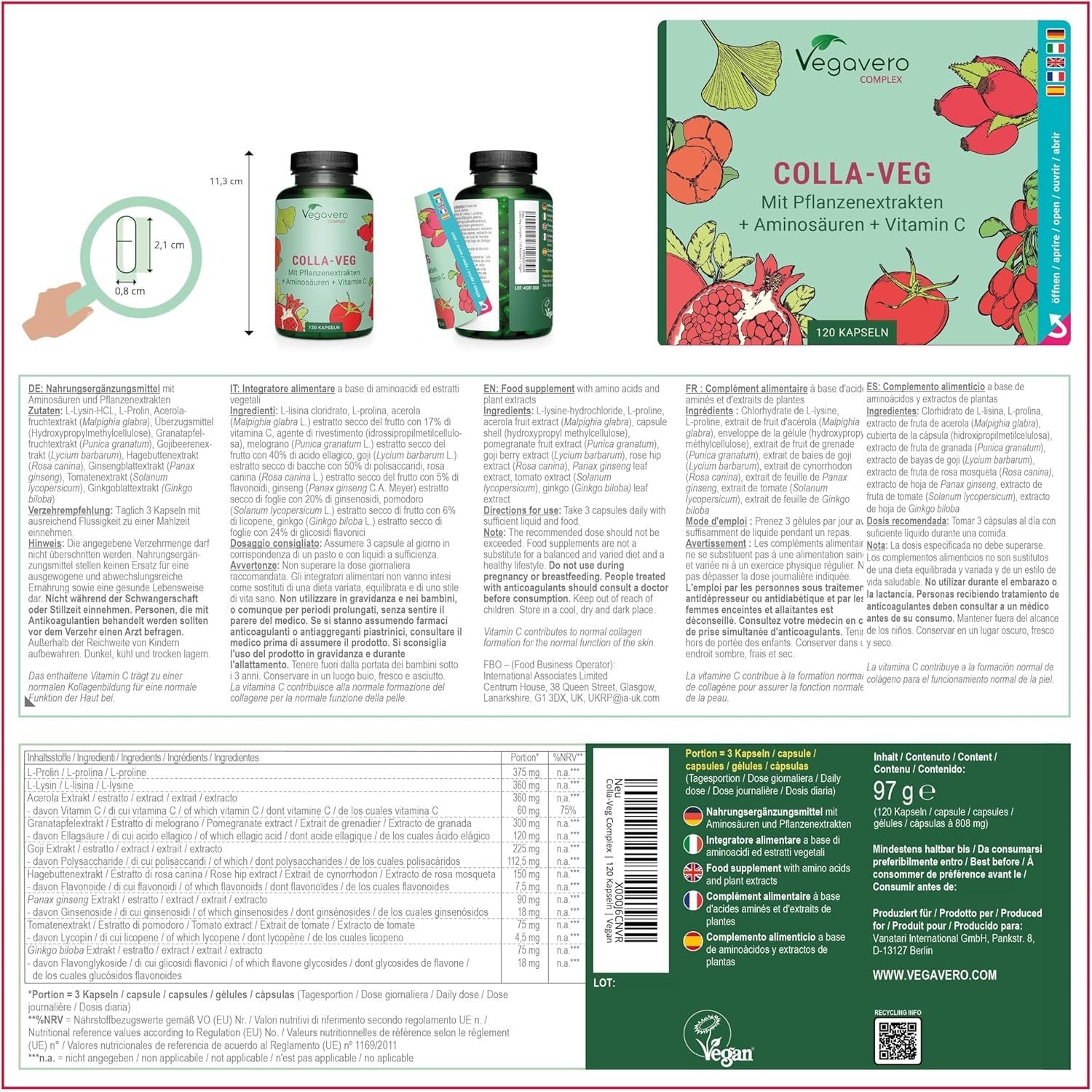 Vegavero Vegan Collagen Supplement 2000 Mg | Complex with L-Lysine, L-Proline, Vitamin C (Acerola) & Superfoods Extracts | NO Additives, Lab-Tested | 120 Capsules