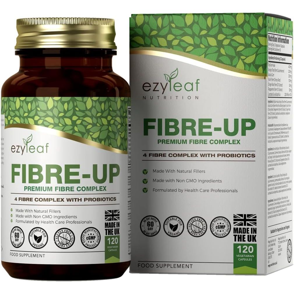 Ezyleaf Fibre-Up Glucomannan Capsules Konjac Fibre Capsules + Inulin, Psyllium Husk, Acidophilus Probiotic, Acacia Fibre Prebiotics Diet | 120 Vcaps | UK ISO Certified, Non-Gmo, Vegan, Allergen Free