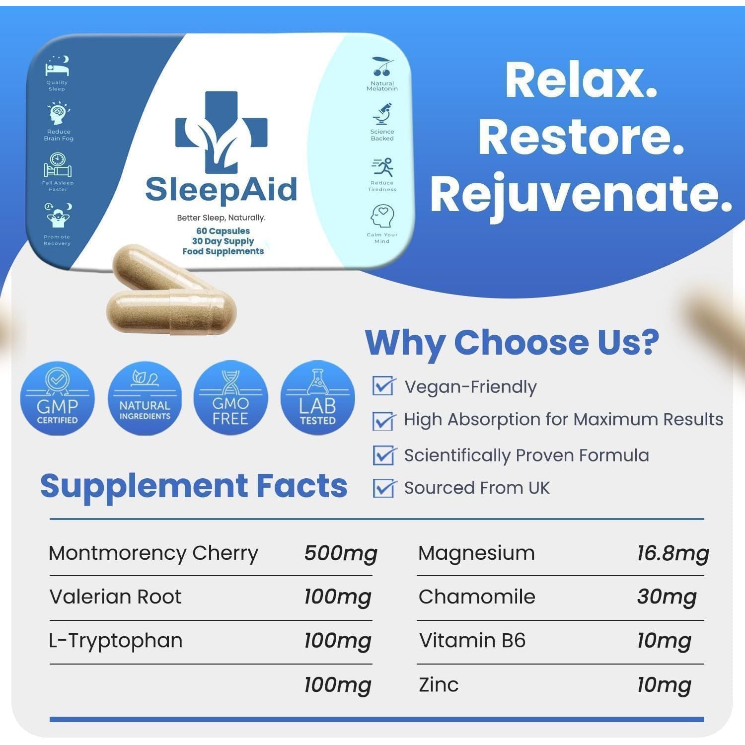 Natural Sleep Aid - Sleep Supplement with Valerian Root, L-Theanine & Magnesium for Sleep, Natural Source Melatonin Vegan Capsules, 1 Month Supply Sleeping Pills 856Mg