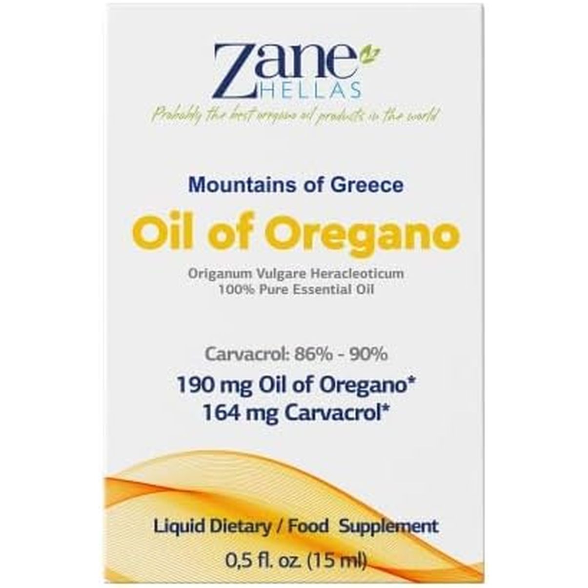 Zane Hellas 190 Mg Oregano Oil-164 Mg Carvacrol per Serving-4 Drops Daily. 100% Greek Undiluted Oil of Oregano. 86%-90% Min Carvacrol. Probably the Best Oregano Oil in the World. 0.5 Fl. Oz.- 15Ml.