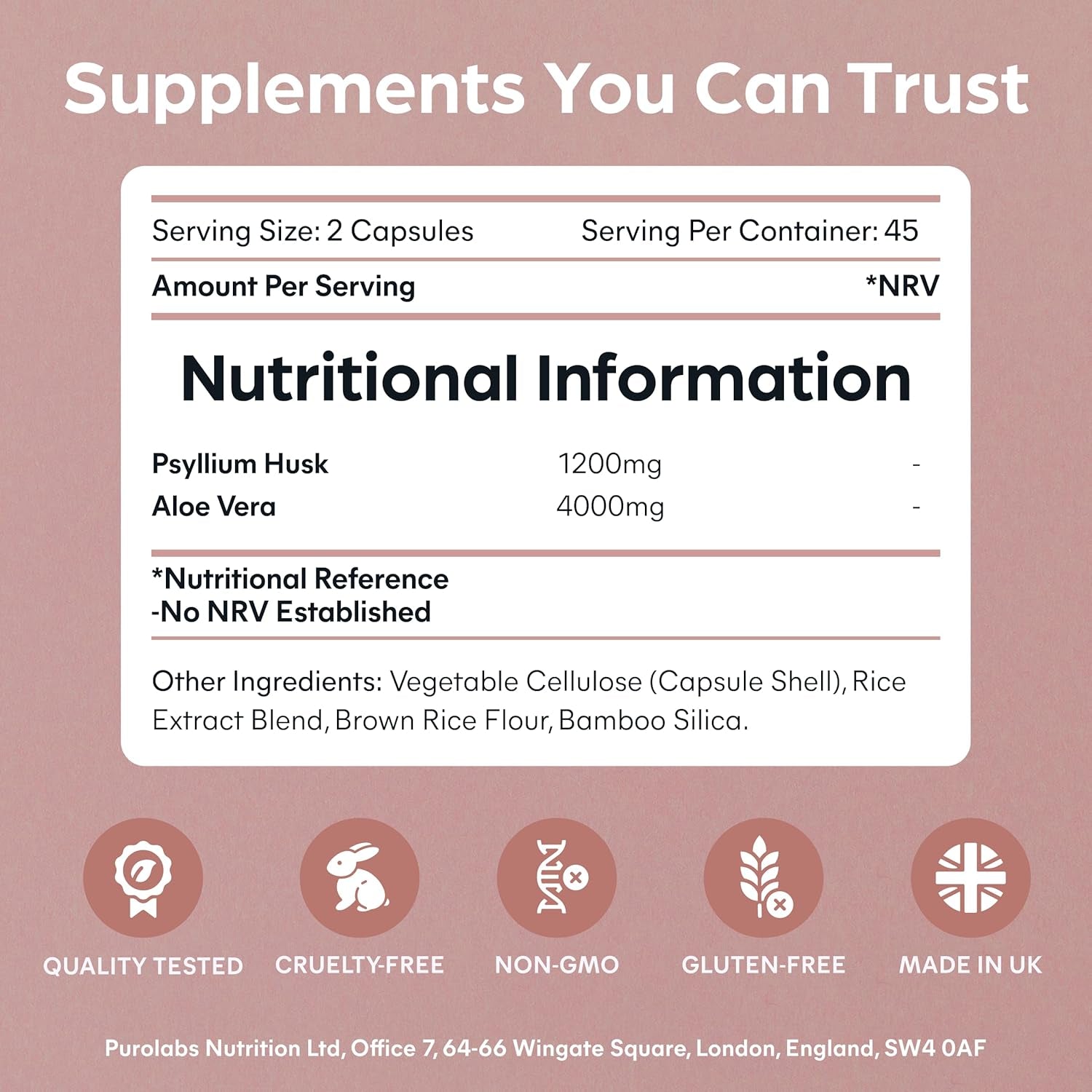 Purolabs Psyllium Husk Complex - High Purity 99.9% Fibre Supplement with Aloe Vera - Natural Digestive Support - Gut Health & Bowel Regularity - 90 Capsules