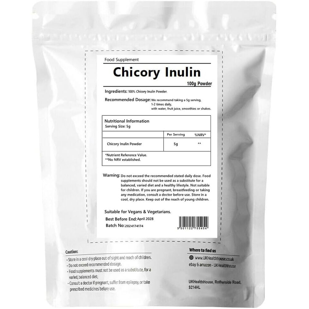 Ukhealthhouse Prebiotic Inulin Fibre Powder High Grade Supplement Premium Chicory Root 100% Pure Inulin Highly Soluble Fructo Oligosaccharide (FOS) (100G)