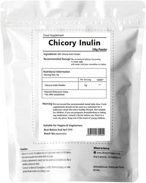 Ukhealthhouse Prebiotic Inulin Fibre Powder High Grade Supplement Premium Chicory Root 100% Pure Inulin Highly Soluble Fructo Oligosaccharide (FOS) (100G)