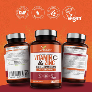 Vitamin C 1300Mg and Zinc 40Mg High Strength - VIT C and Zinc for Maintenance of Normal Immune System - 120 Vegan Capsules Not Tablets - 2 per Daily Serving - Made in the UK by Yrhealth