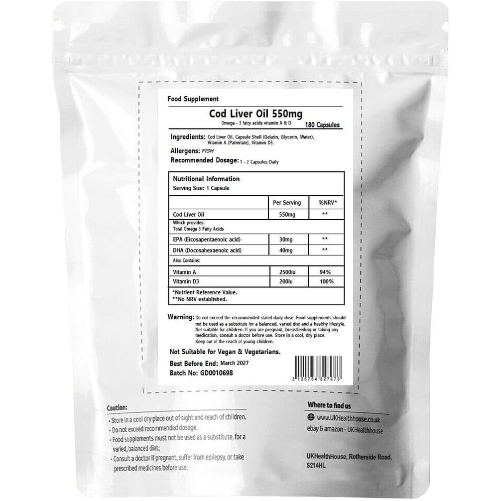 Ukhealthhouse High Strength Cod Liver Oil Vitamin a & D, EPA, DHA Softgels 550Mg (180 Capsules)