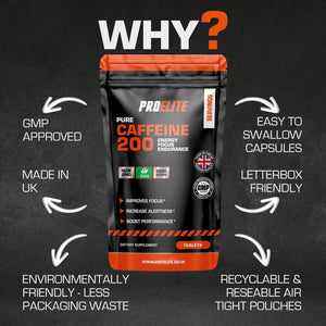 Caffeine 200Mg 120 Vegan Tablets | Energy Boost & Exercise Support Pre Workout Weight Loss | Improve Focus & Alertness | Vegan UK Made | Better than Caffeine Gels Gummies Capsules by PROELITE