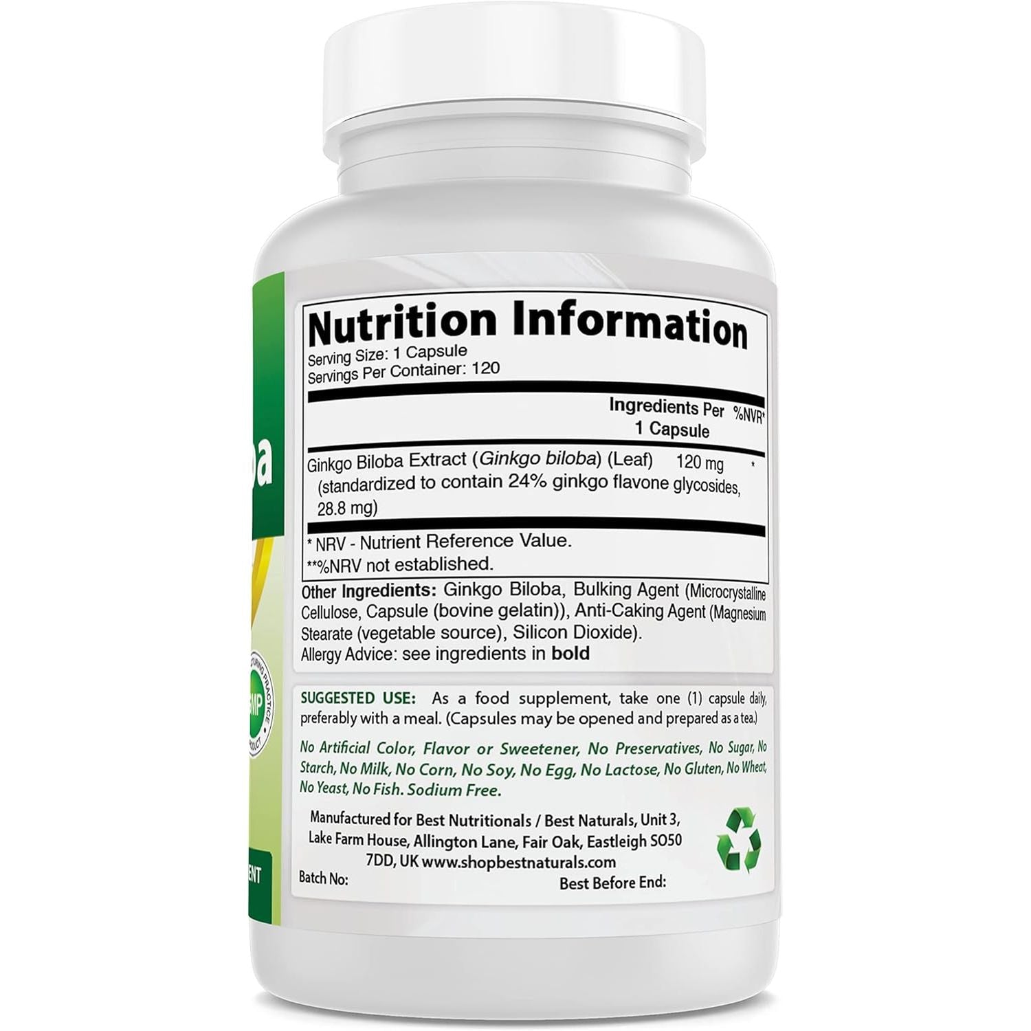 Best Naturals, Ginkgo Biloba Extract - Double Strength Ginkgo Biloba, 120Mg, 120 Capsules (120 Count (Pack of 1))