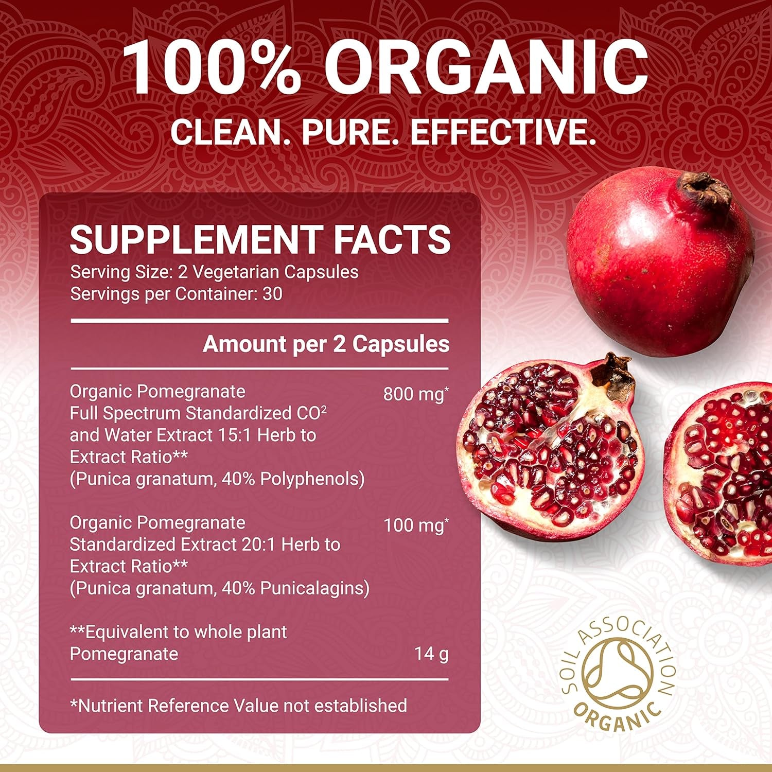 Organic Pomegranate Capsules - Pomegranate Supplements | Certified Organic by Soil Association | Vegetarian & Vegan Friendly | Ayurveda | 60 Easy Swallow Pomegranate Tablets | Manufactured in the UK