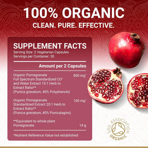 Organic Pomegranate Capsules - Pomegranate Supplements | Certified Organic by Soil Association | Vegetarian & Vegan Friendly | Ayurveda | 60 Easy Swallow Pomegranate Tablets | Manufactured in the UK