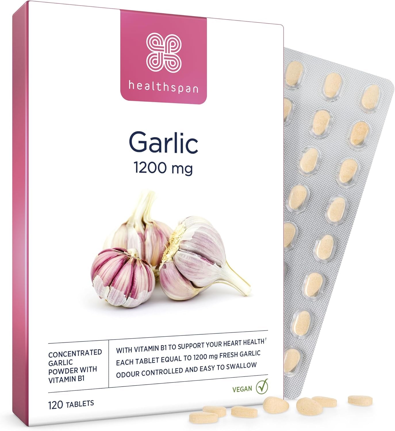 Healthspan Garlic 1,200Mg (120 Tablets) | Supports Heart Health & the Respiratory System | Maintains Normal Cholesterol Levels | Added Vitamin B1 | Odour-Controlled & Easy to Swallow | Vegetarian