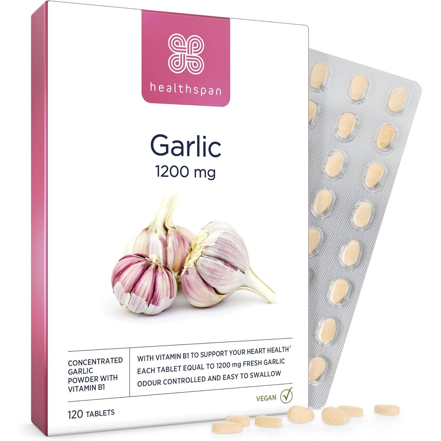 Healthspan Garlic 1,200Mg (120 Tablets) | Supports Heart Health & the Respiratory System | Maintains Normal Cholesterol Levels | Added Vitamin B1 | Odour-Controlled & Easy to Swallow | Vegetarian