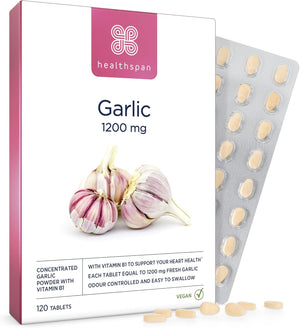 Healthspan Garlic 1,200Mg (120 Tablets) | Supports Heart Health & the Respiratory System | Maintains Normal Cholesterol Levels | Added Vitamin B1 | Odour-Controlled & Easy to Swallow | Vegetarian