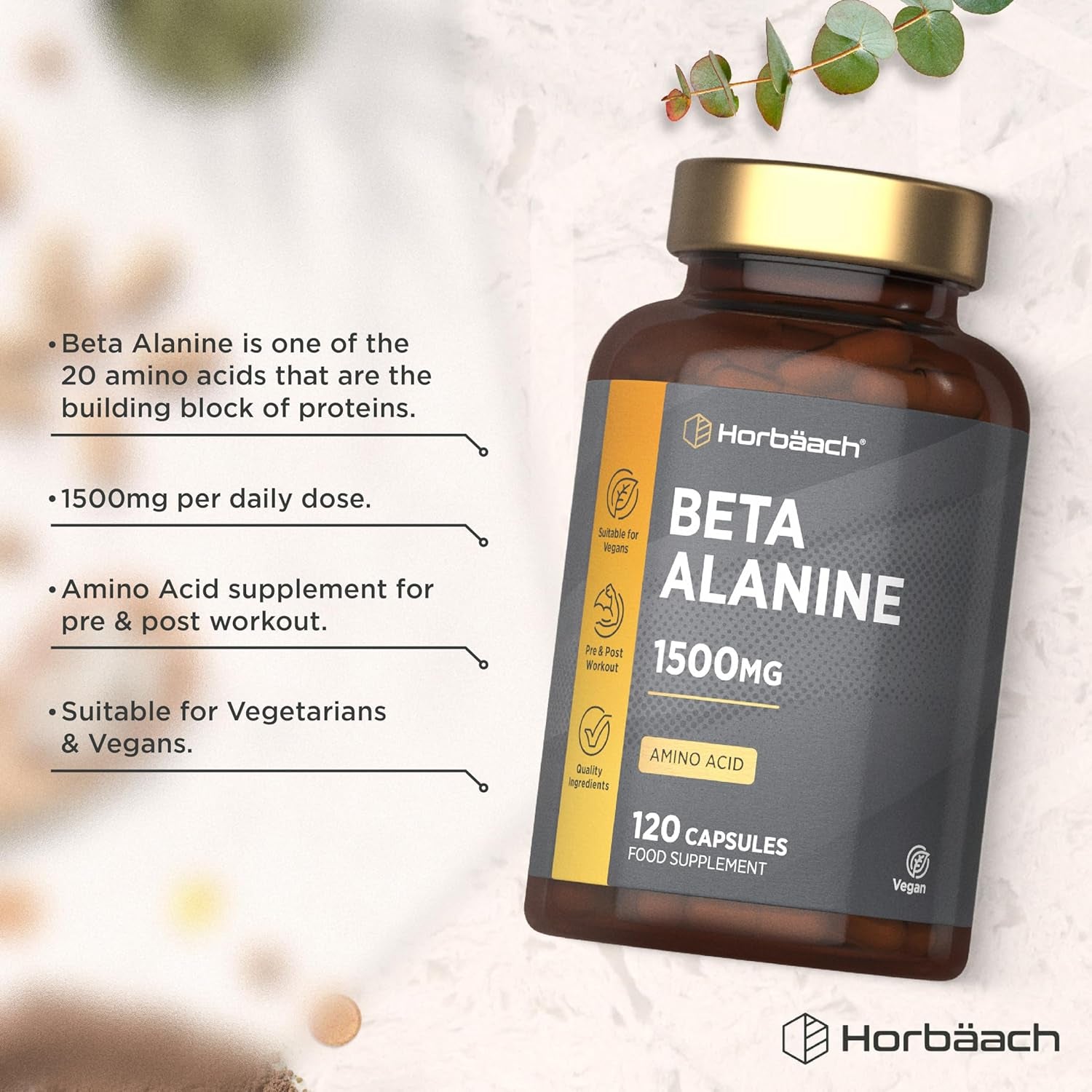 Fermented Beta Alanine 1500Mg | 120 Vegan Capsules | Premium Amino Acid Supplement for Men & Women | by Horbaach