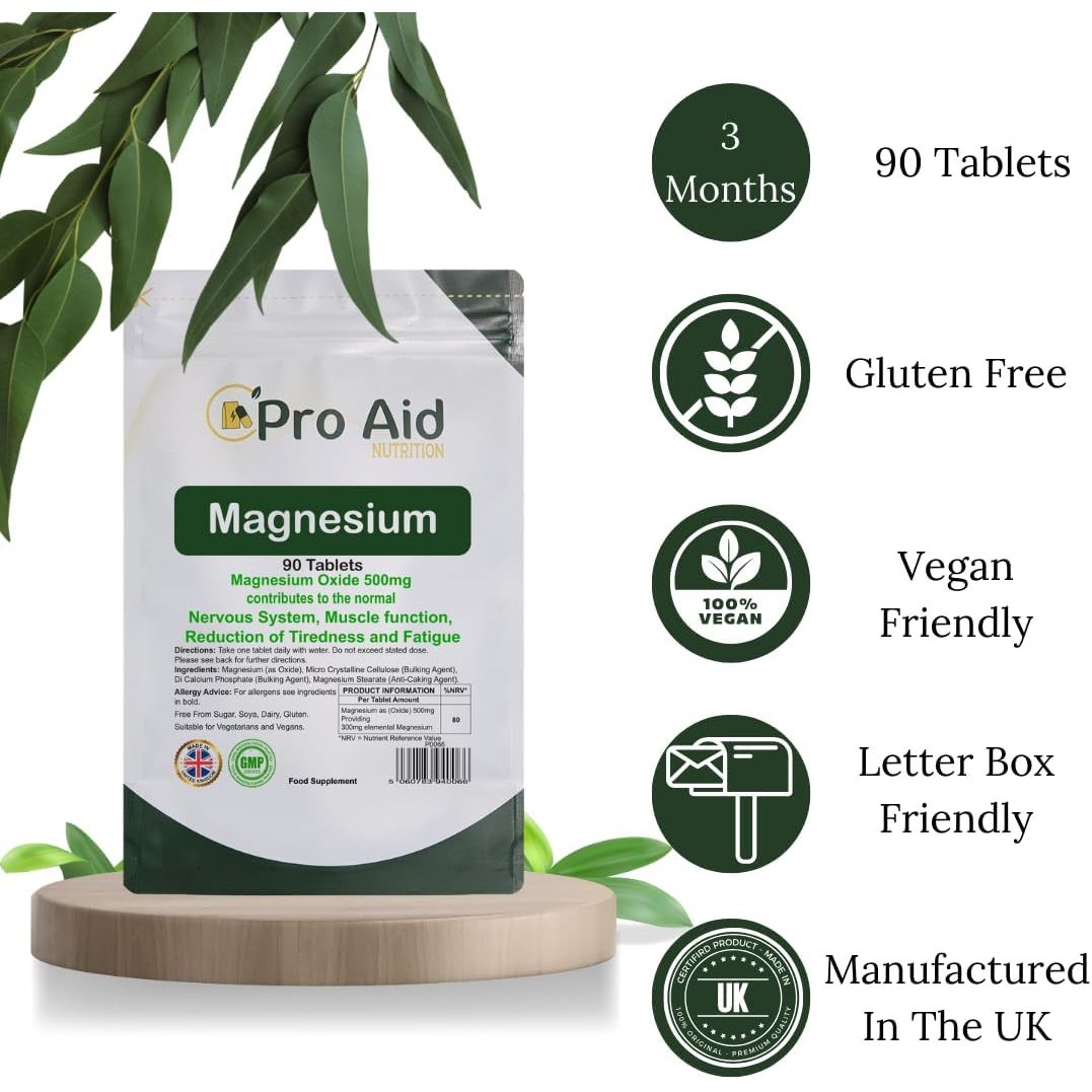 Magnesium 500Mg Tablets 90 Pack by Proaid | Vegan & Vegetarian | 3 Months Supply | Made in UK | Easy to Swallow 11Mm Tablets