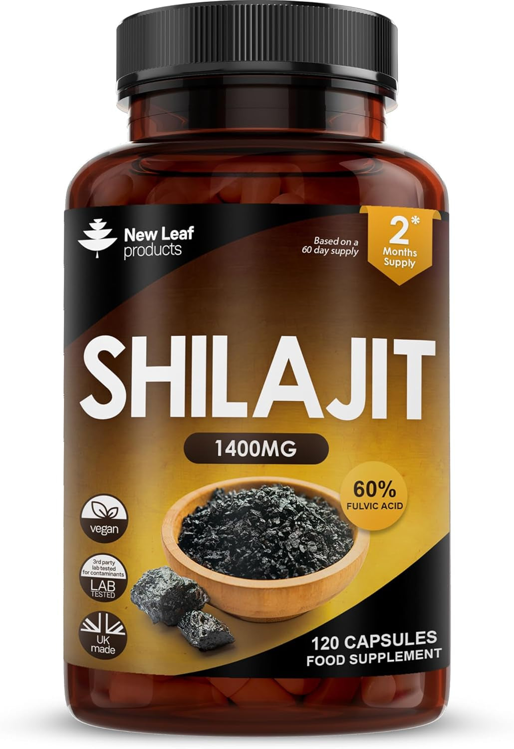 Shilajit Capsules 1400Mg 60% Fulvic Acid - High Strength Himilayan Shilajit, 2 Months Supply Shalajit Resin - Made in the UK Supplement by New Leaf 120 Capsules