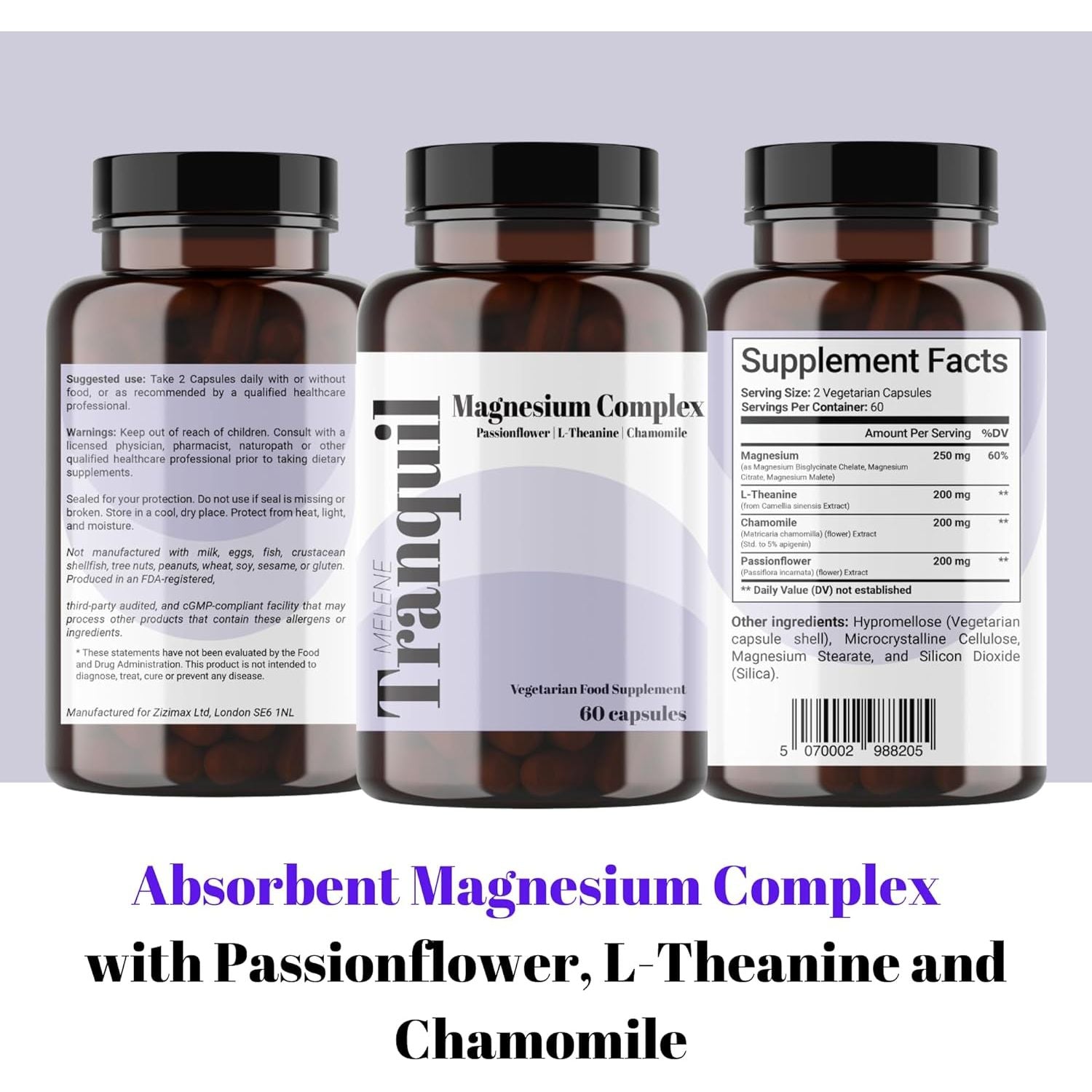 Melene Magnesium Complex with Chamomile, Passion Flower and L-Theanine 60 Capsules. Sleep, Anxiety and Rest Aid. High Strength Bisglycinate (250Mg Elemental)