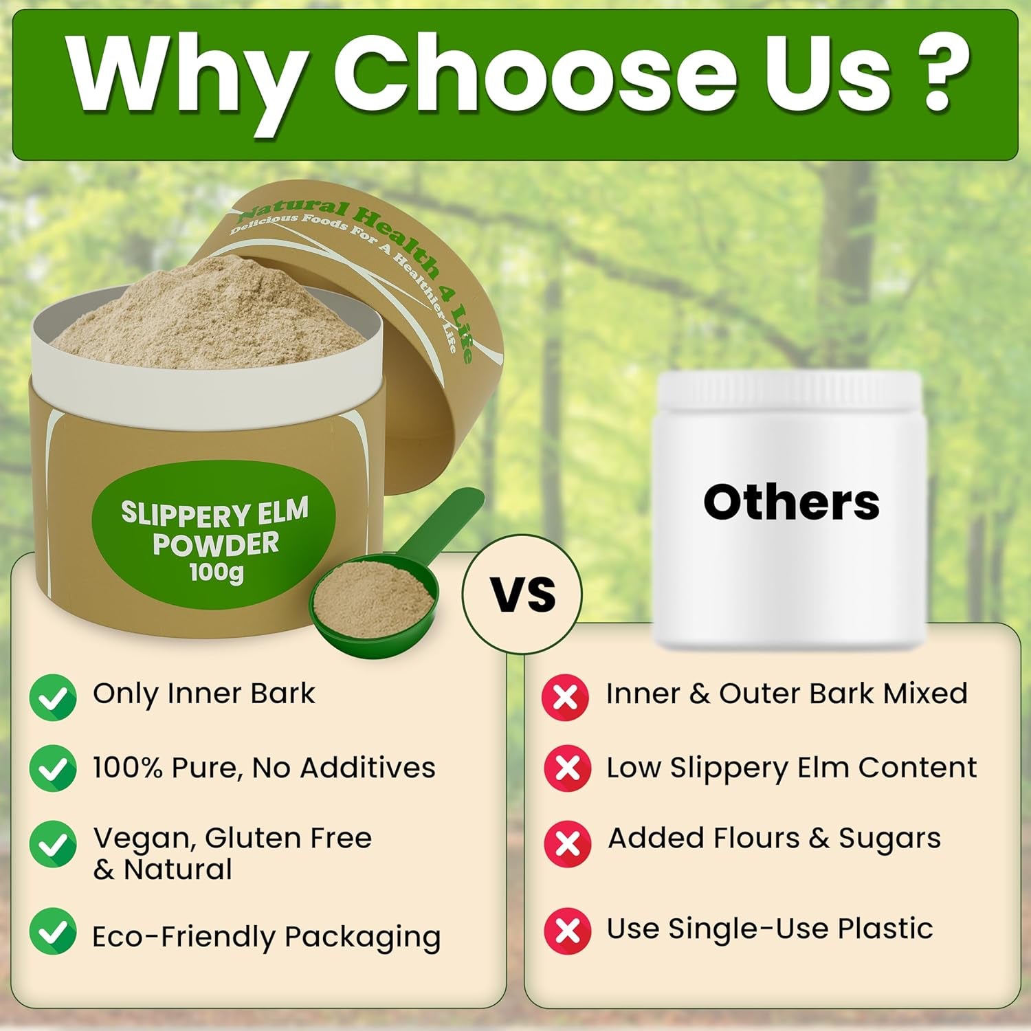 Natural Health 4 Life 100% Pure Inner Bark Slippery Elm Powder – Supports Gut Health, Gluten Free, Vegan – Natural Flavour – Suitable for All Ages – 100G Slippery Elm Powder Tub with Scoop
