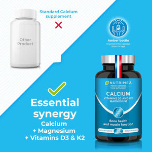 Calcium Magnesium Vitamin D3 & K2 | 90 Vegetarian Capsules | Bone Health Complex | Strengthens Bones and Muscles | Supports Bone Density | French Expertise