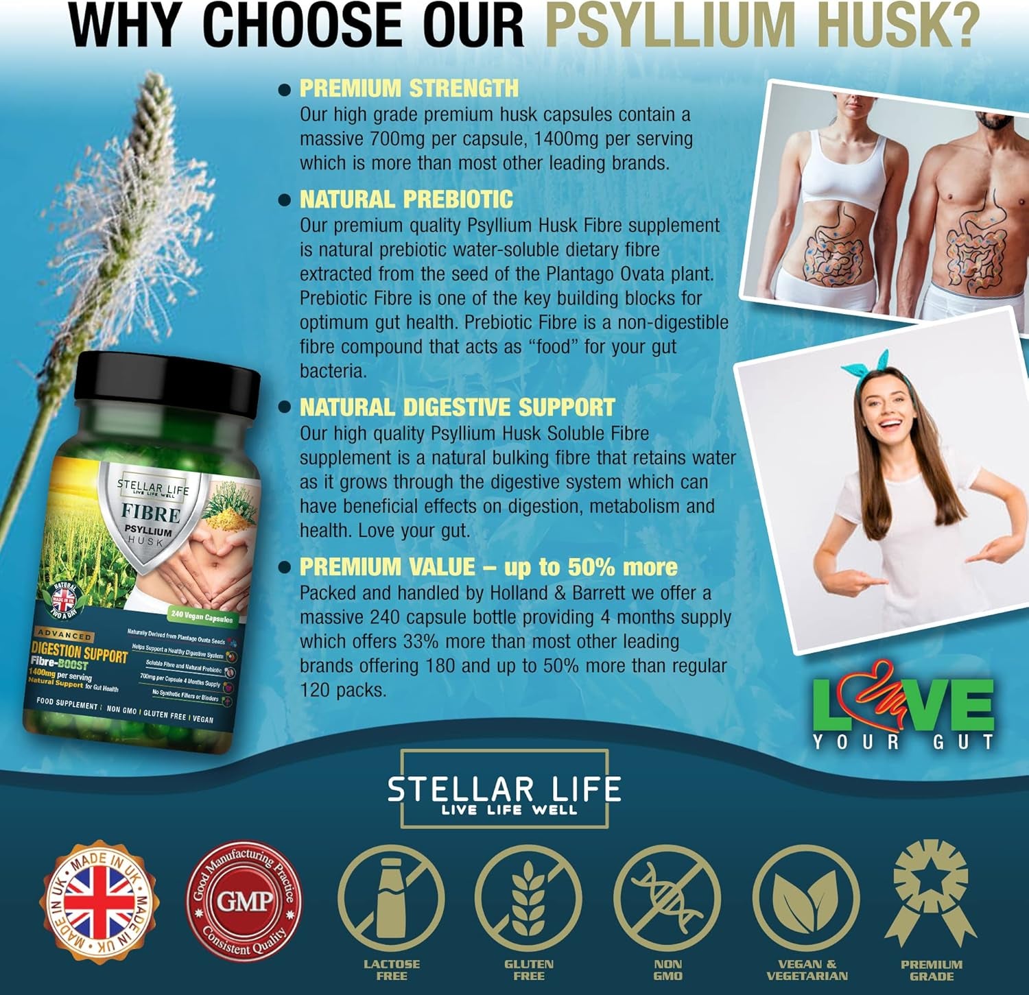 240 X Psyllium Husks Fibre Supplement – 1400Mg per Serving – Naturally High in Soluble Fibre – High Strength Vegan Capsules – 4 Months Supply – Made in the UK