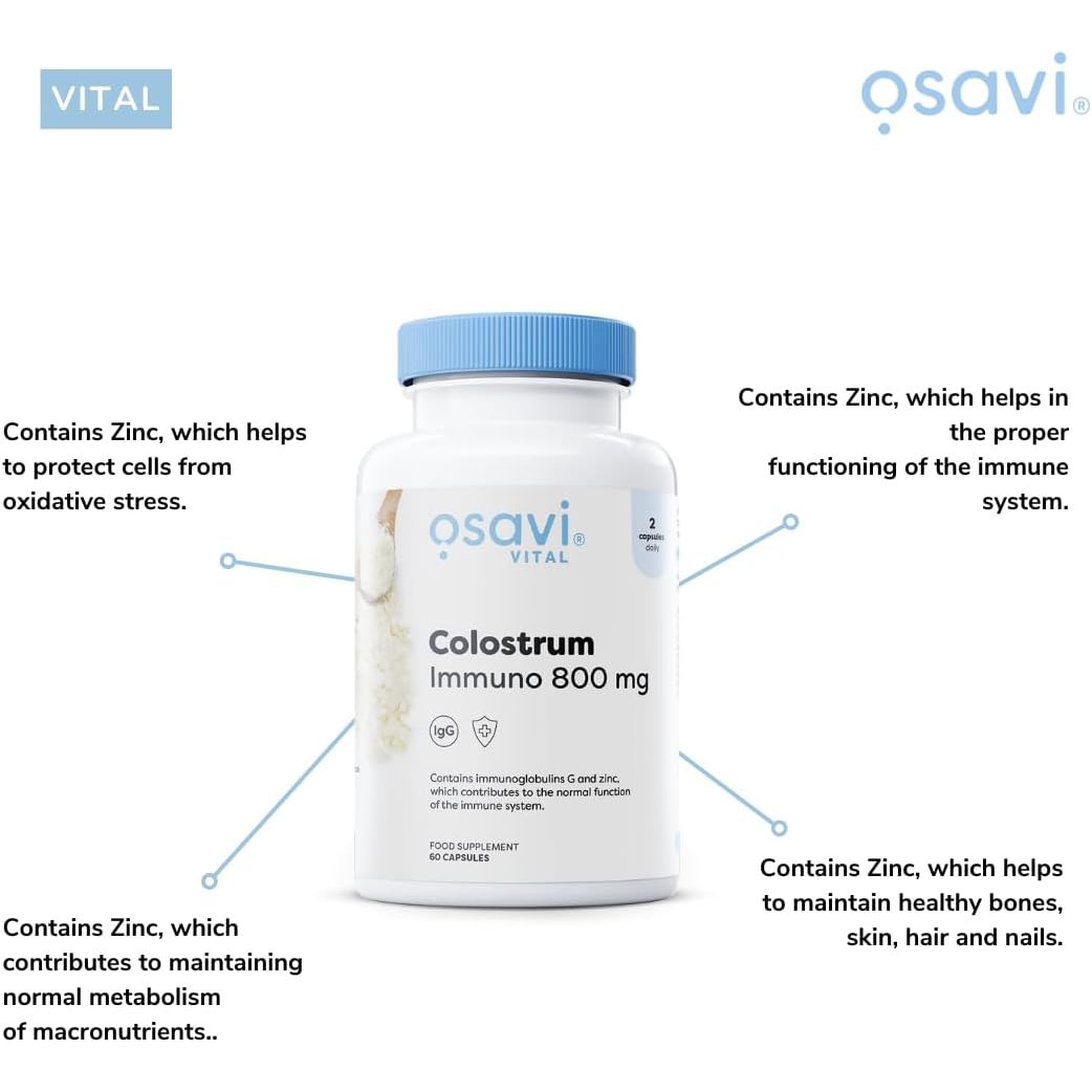 Osavi Colostrum Immuno 800Mg – 120 Capsules | Bovine Colostrum with 18% Immunoglobulins G and Highly Absorbable Zinc Gluconate
