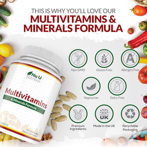 Nu U Nutrition - A-Z Multivitamin Tablets for Men & Women - 365 Tablets - 12 Month Supply - 25 Essential Multivitamins & Minerals Including Iron, Zinc & Vitamin D - One a Day - Made in the UK