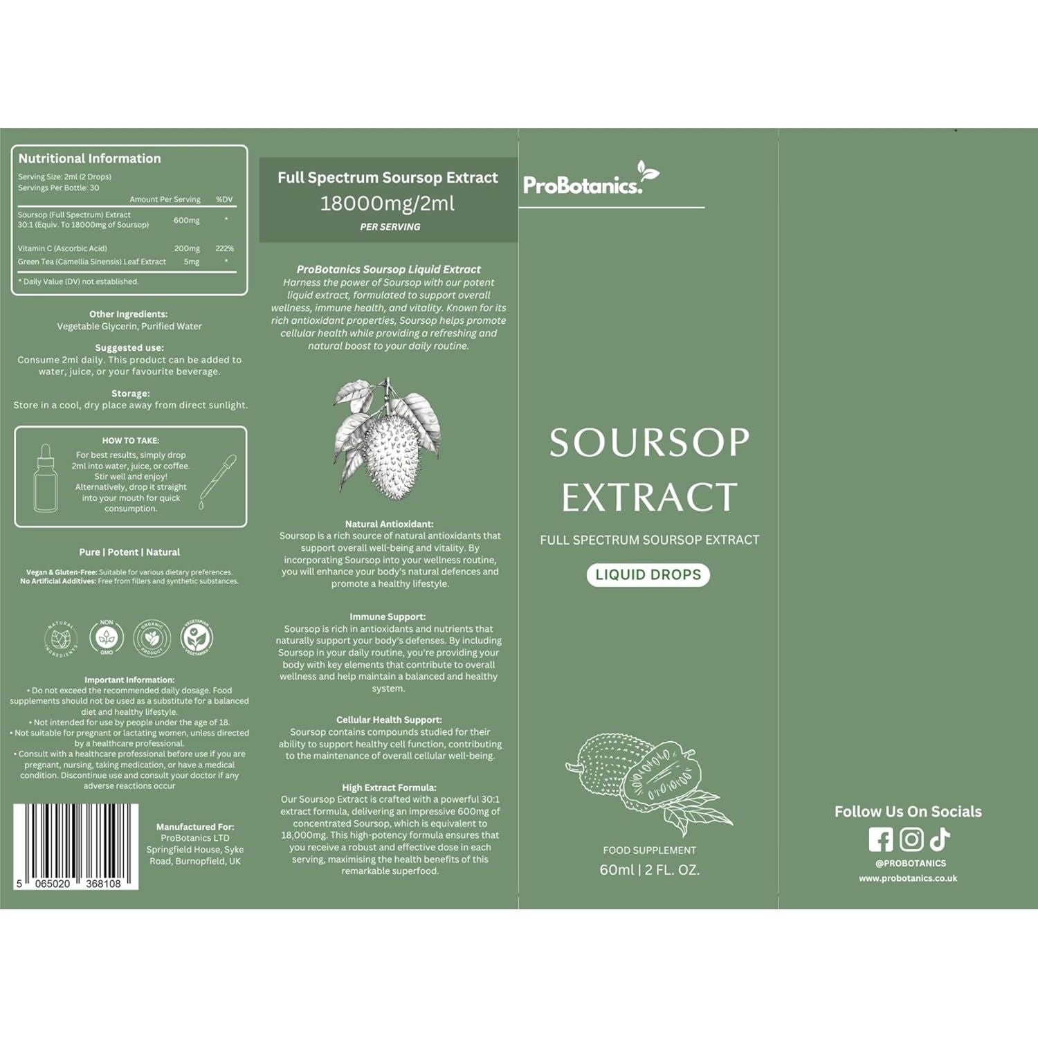 Organic Soursop Drops for Cell Support & Regeneration | High Strength 600Mg per Serving (30:1 Extract Equiv. to 18000Mg) | Potent Antioxidant & Immune Support - One Month Supply - 60Ml