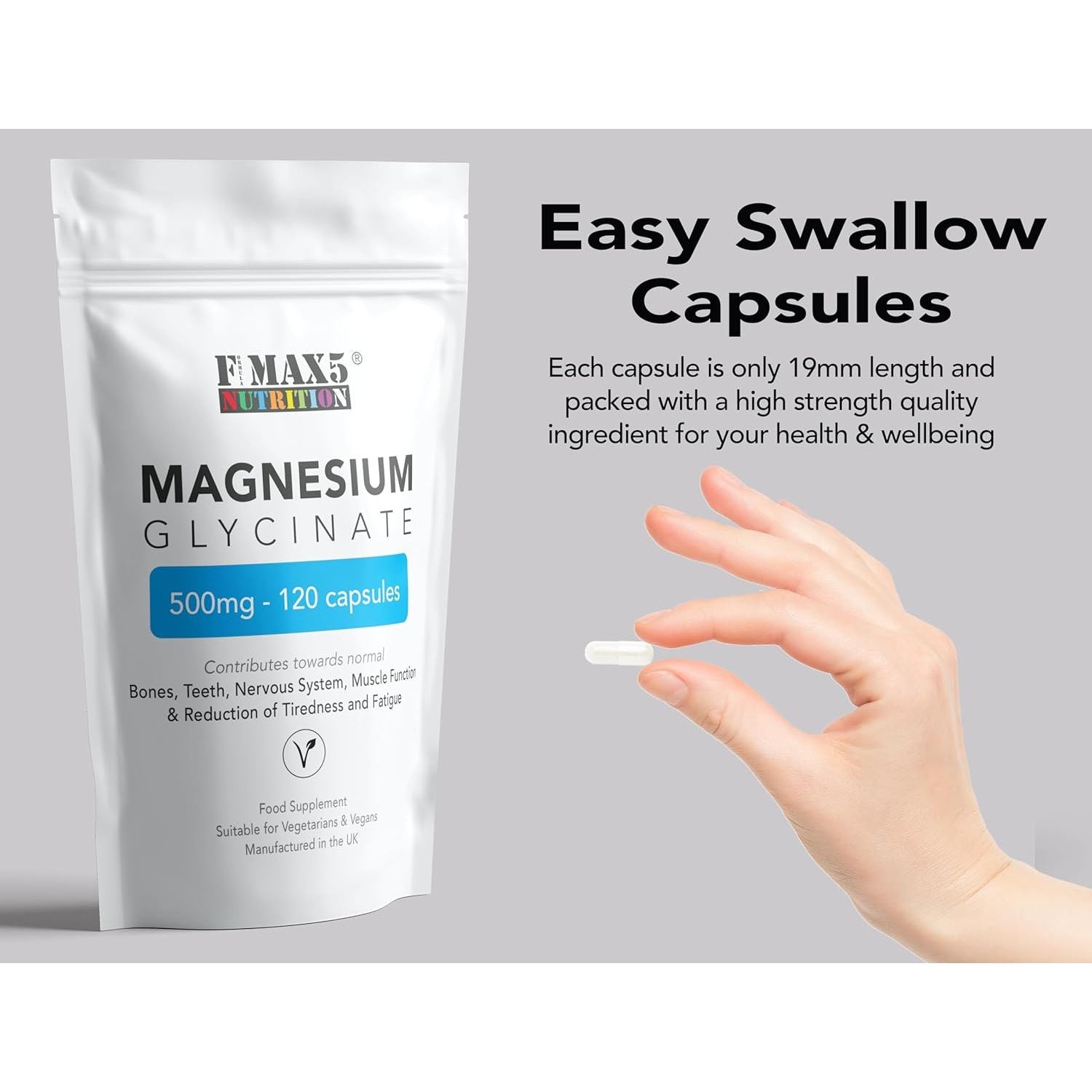 Magnesium Glycinate 500Mg Supplements as Bisglycinate, 120 Vegan Capsules, High Absorption / Bioavailability - 100Mg Elemental, UK Made
