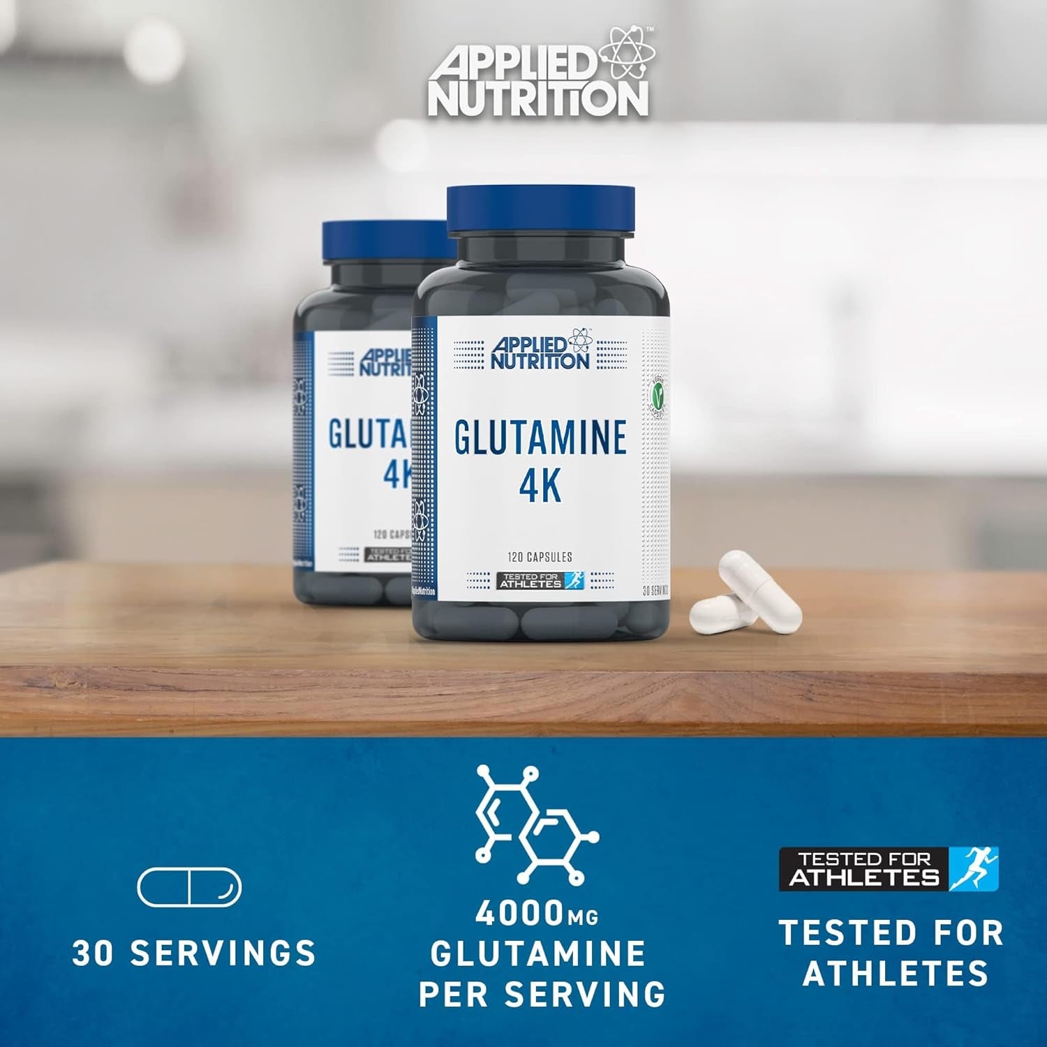 Applied Nutrition Glutamine 4K - L Glutamine 4000 Mg per Serving, Restore Amino Acid Levels (120 Capsules - 30 Servings)