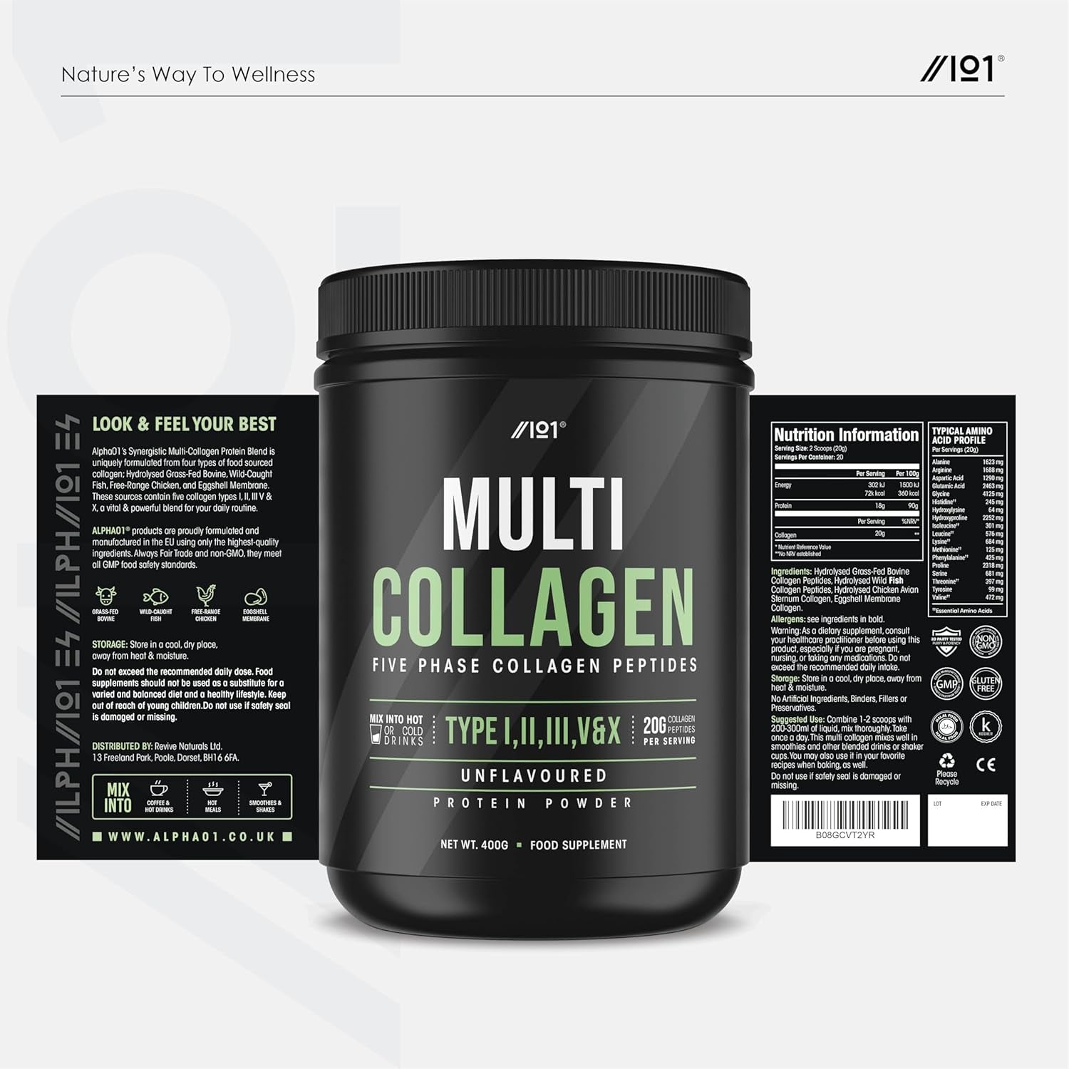 Multi Collagen Protein Powder (400G) - Types I, II, III, V & X - Hydrolyzed Grass Fed Bovine, Wild Caught Fish, & Free-Range Chicken & Eggshell Collagen (20 Day Supply) by Alpha01
