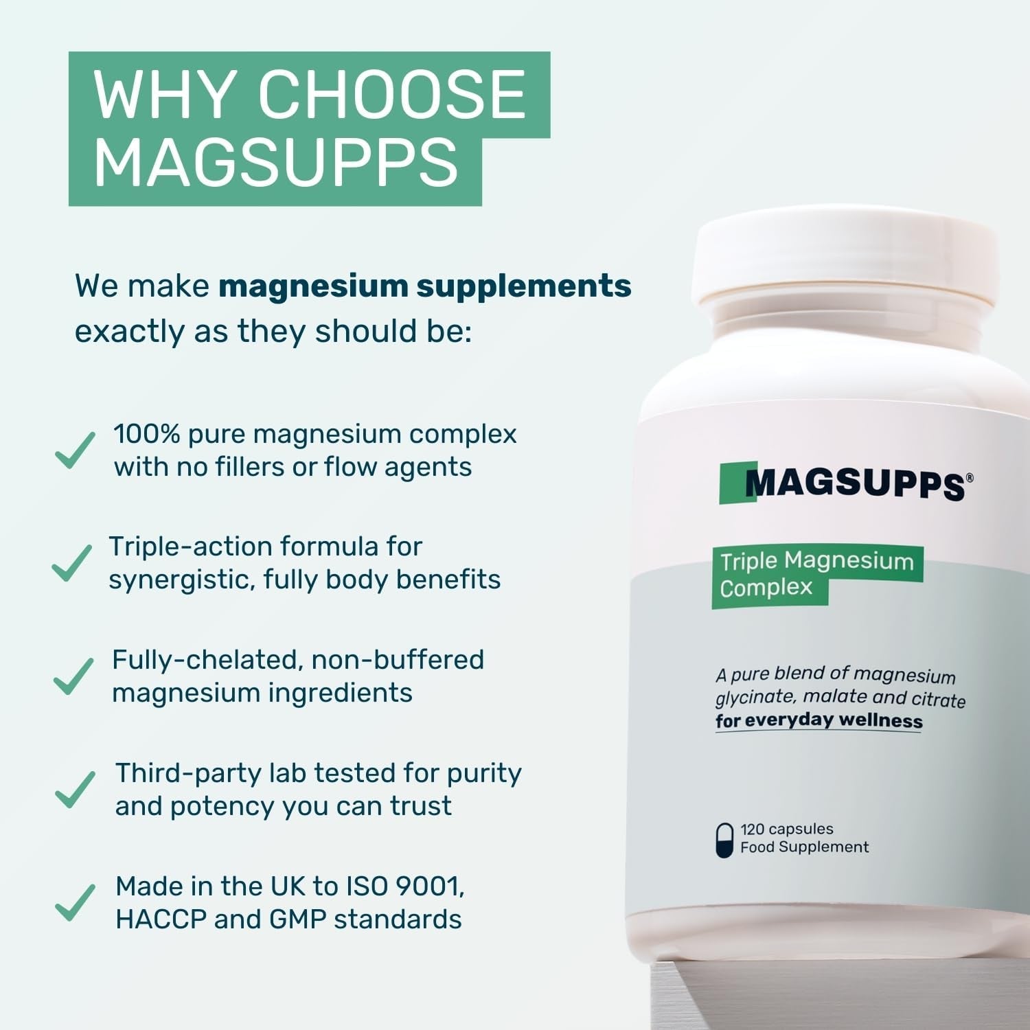 MAGSUPPS Triple Magnesium Complex for Muscles, Calm, Sleep & Energy - 300Mg of Pure Magnesium Glycinate, Malate & Citrate - 120 Capsules - 40 Servings - UK Made - Lab Tested - No Fillers