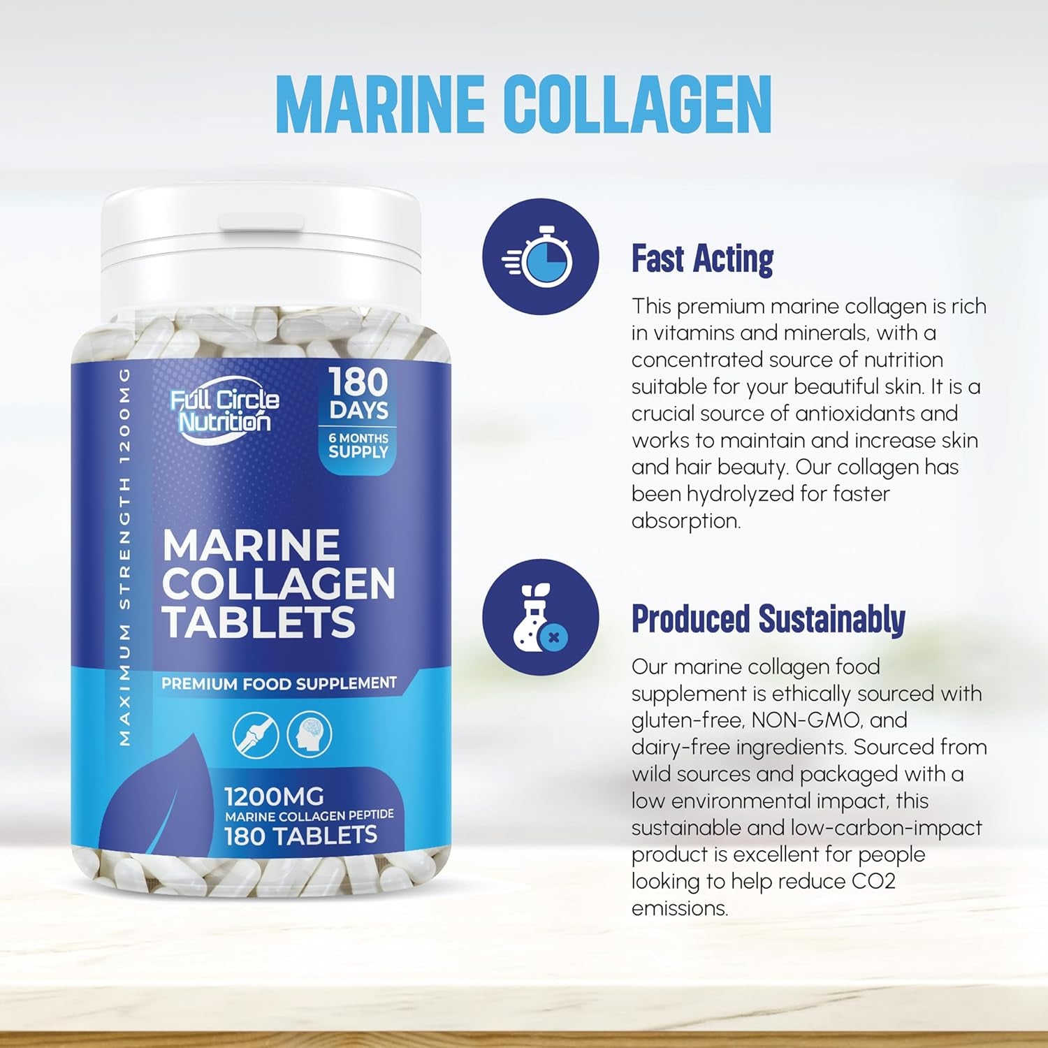Marine Collagen Tablets 1200MG - 2400MG - 180 Days Supply - Marine Collagen Supplement