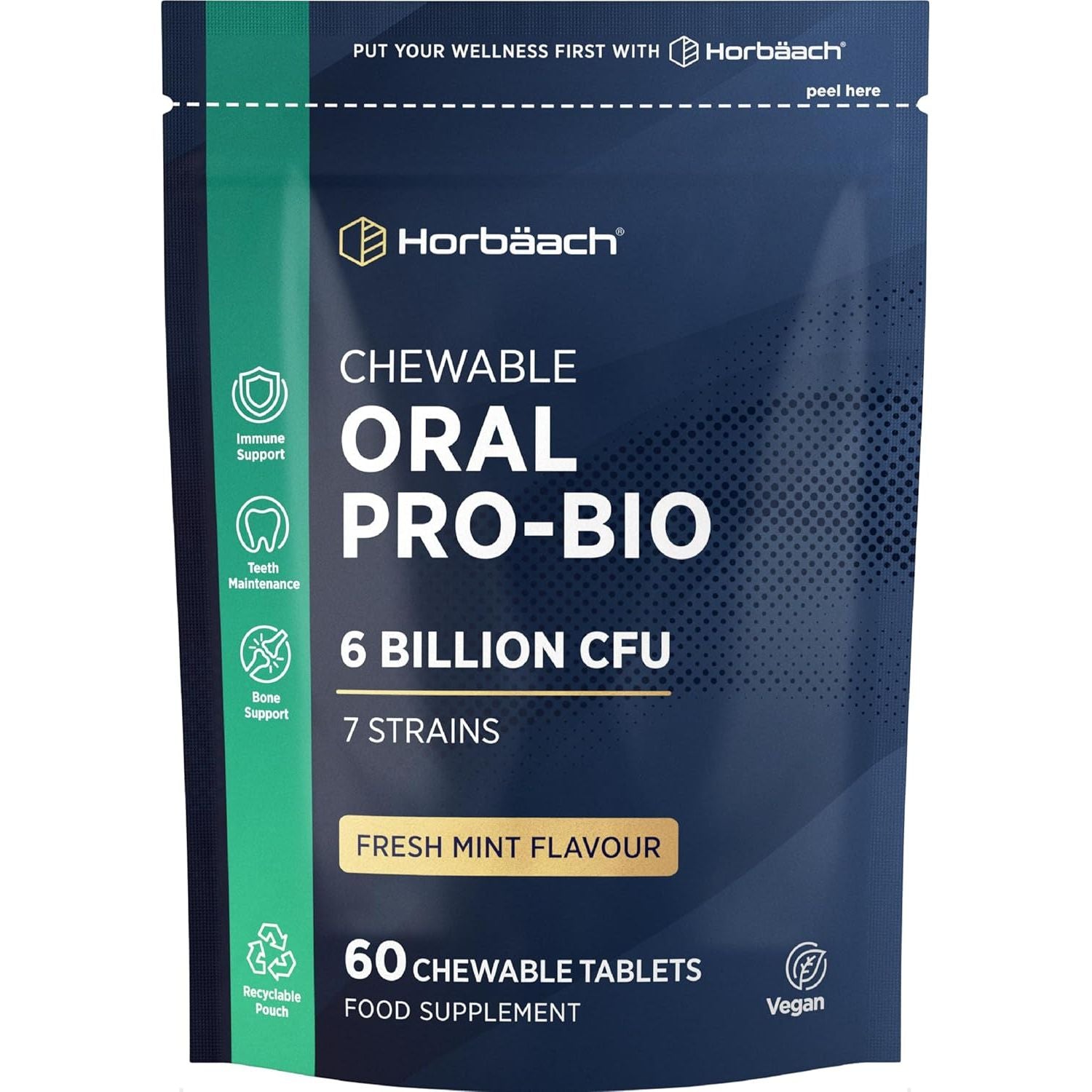 Oral Probio for Mouth 6 Billion CFU | Advanced Dental Biotics for Adults | 7 Strains Including Lactobacillus Reuteri | 60 Vegan Chewable Tablets | Mint Flavour | by Horbaach