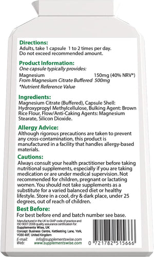 Magnesium Citrate Capsules - Restless Leg Syndrome Relief - Premium Supplement for Women or Men - One a Day Magnesium Citrate Tablets - 120 X 500Mg