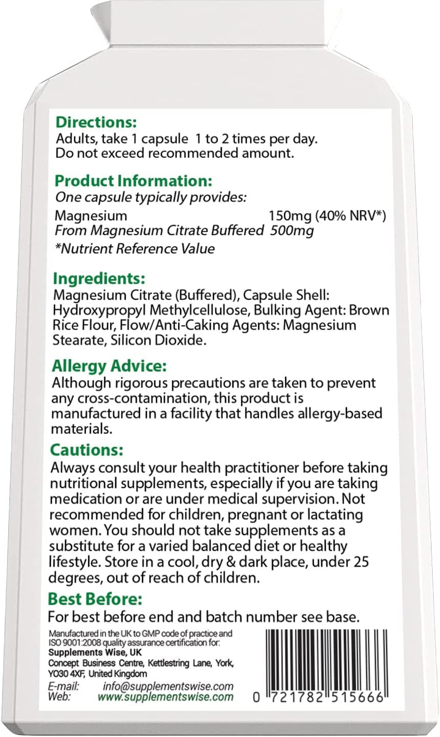 Magnesium Citrate Capsules - Restless Leg Syndrome Relief - Premium Supplement for Women or Men - One a Day Magnesium Citrate Tablets - 120 X 500Mg
