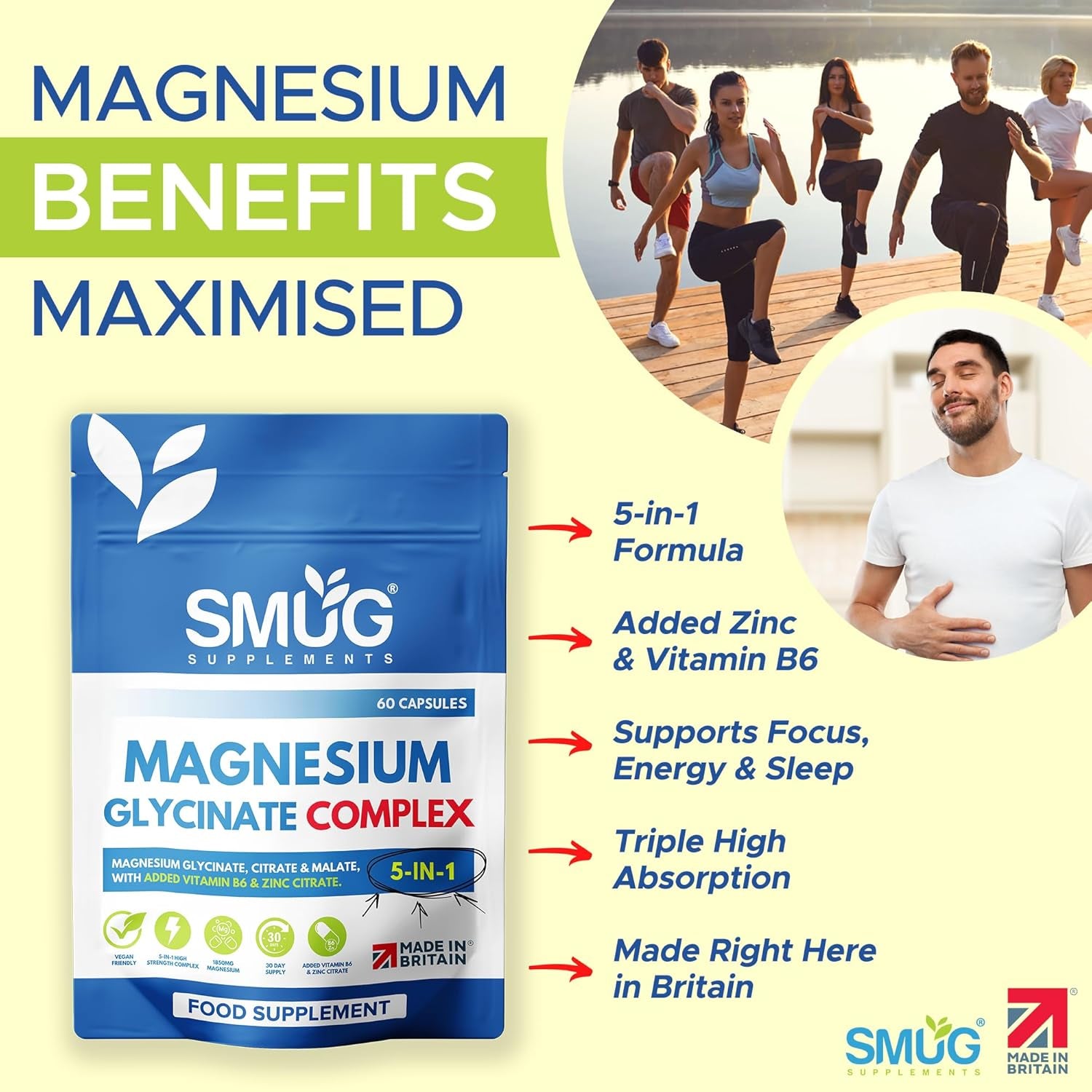 Magnesium Glycinate Complex British Made 5-In-1 by SMUG Supplements - 60 Capsules - Advanced Blend Combining Magnesium Glycinate, Citrate and Malate. with Added Vitamin B6 and Zinc.
