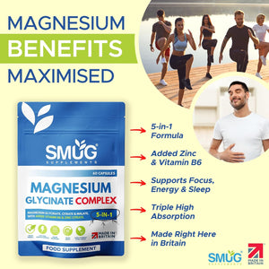 Magnesium Glycinate Complex British Made 5-In-1 by SMUG Supplements - 60 Capsules - Advanced Blend Combining Magnesium Glycinate, Citrate and Malate. with Added Vitamin B6 and Zinc.