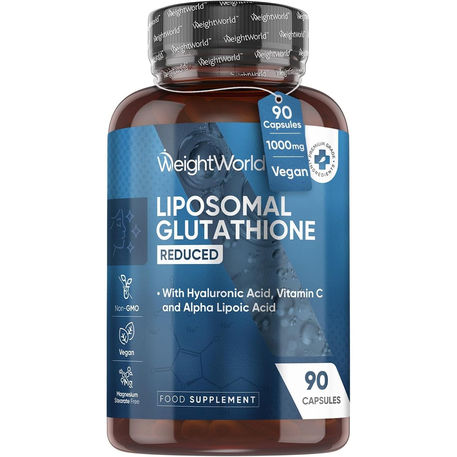 Weightworld L-Glutathione Supplement | 1000Mg | 90 Capsules | Reduced Liposomal Glutathione Capsules | Vegan | with Vitamin C, Hyaluronic Acid & Alpha Lipoic Acid