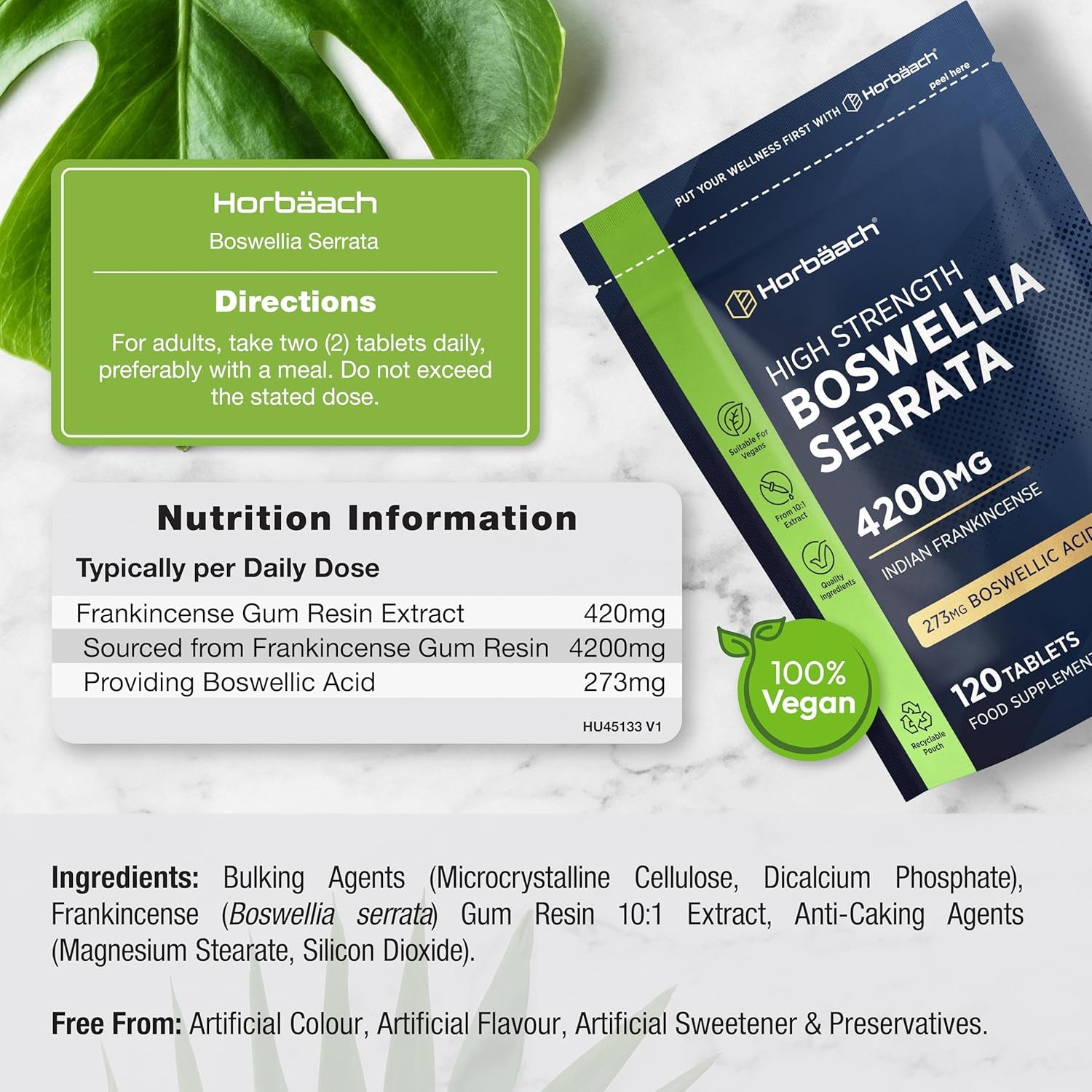 Boswellia Serrata Extract 4200Mg | 65% (273Mg) Boswellic Acid | 120 Vegan Tablets | Indian Frankincense Supplement | by Horbaach