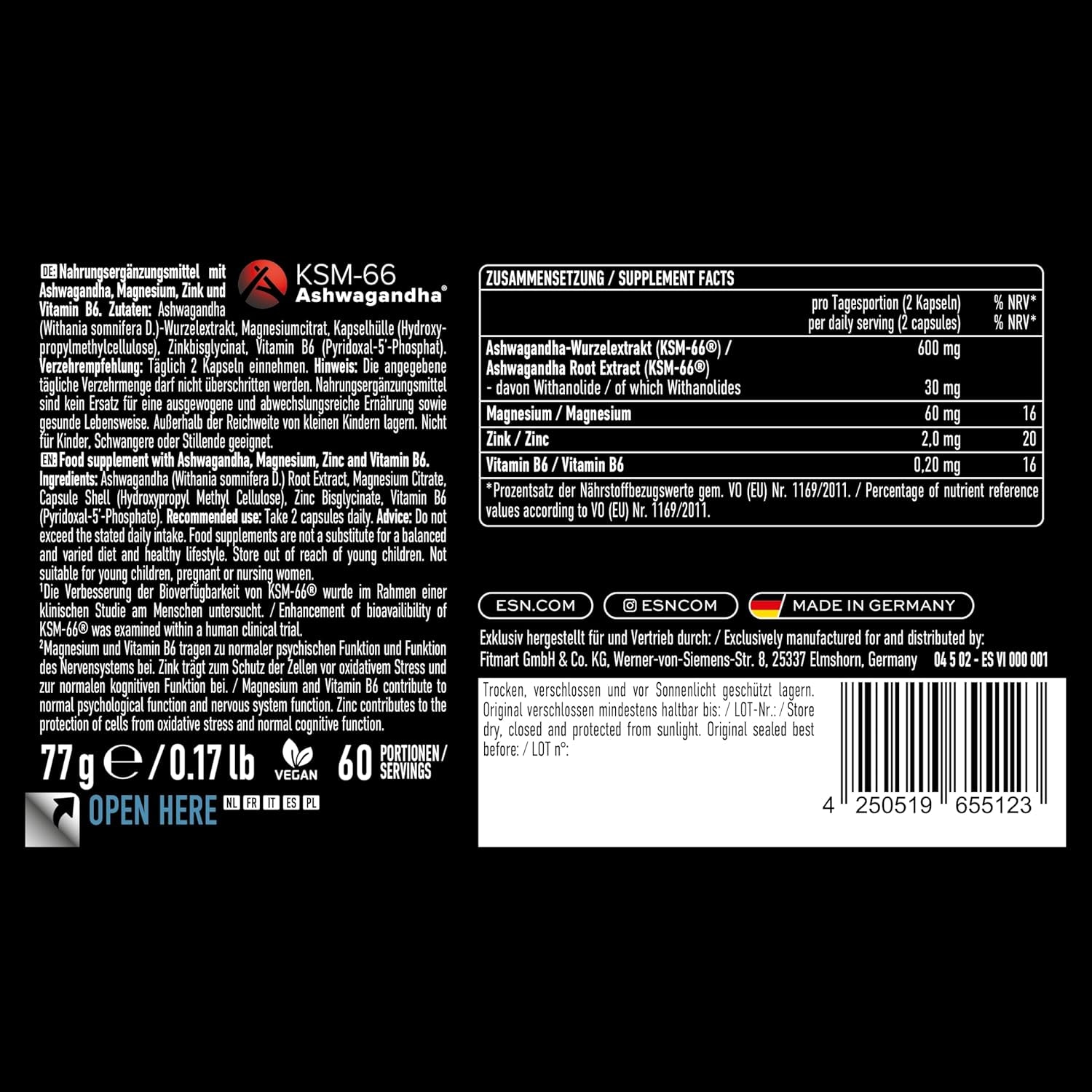 ESN Ashwa+, 120 Vegan Capsules - 600 Mg Ashwaganda Root Extract per Serving - 60 Servings, 2 Months Supply - Ashwagandha KSM-66 - Non-Gmo