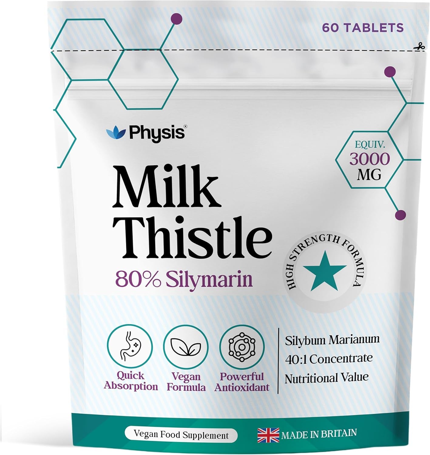 Physis Milk Thistle High Strength | 80% Silymarin | Liver Support Supplements | Milk Thistle Seeds | Vegan Food Supplement | 60 X Tablets | Made in Britain