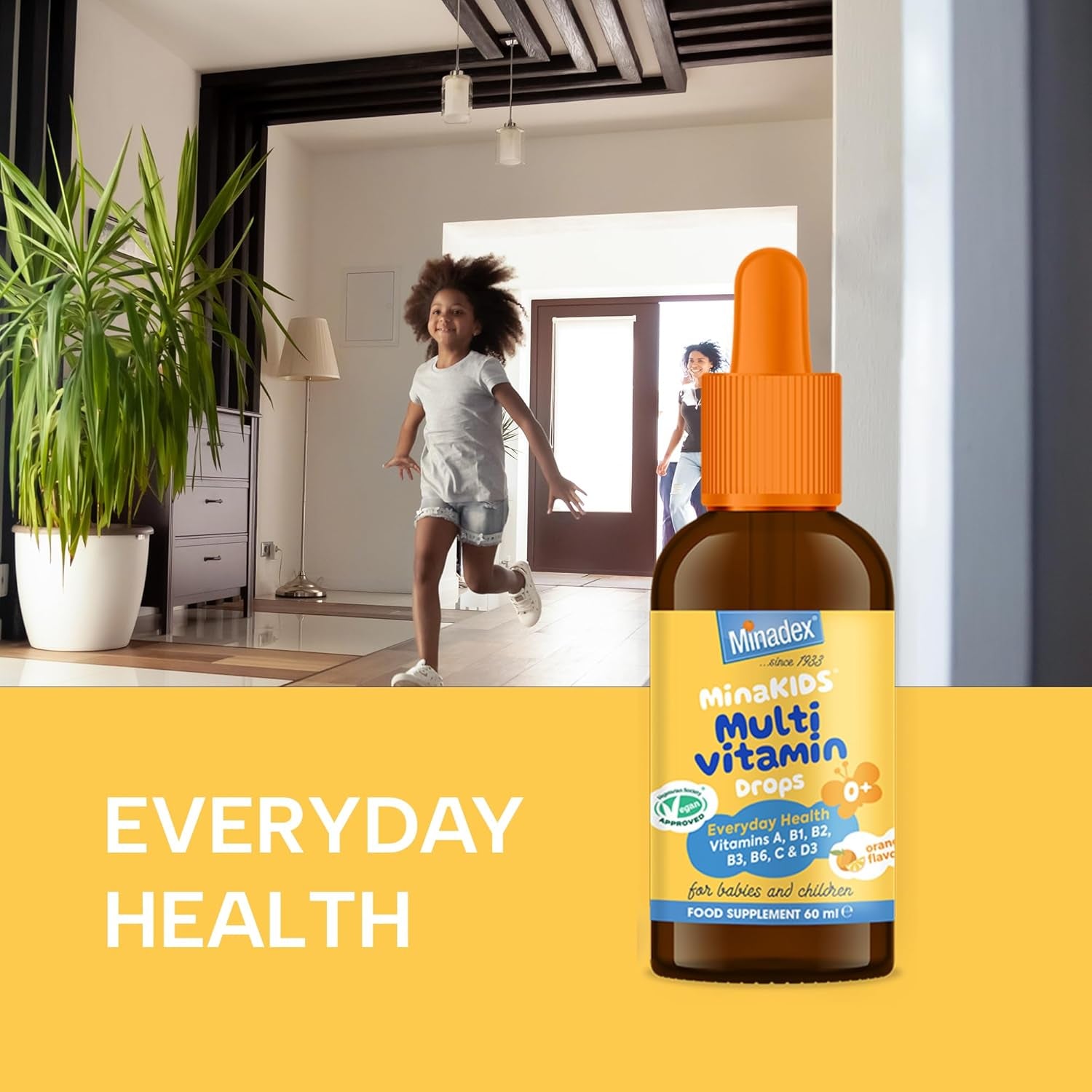 Minadex Minakids Multivitamin Drops – Liquid Vitamins for Children, A, B1, B2, B3, B6, C & D3 (400IU), Vegan, Orange Flavour, 60Ml (2-Month Supply), Made in UK
