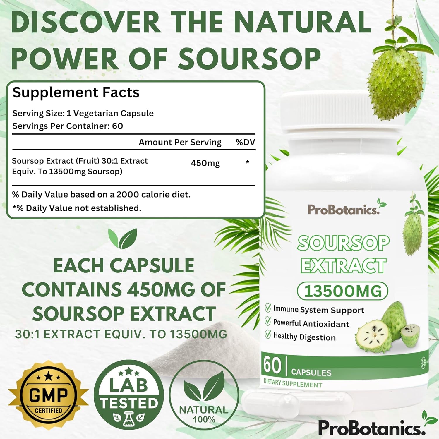 Organic Soursop Capsules | Full Spectrum 13500Mg 30:1 Extract per Serving | Potent Antioxidant & Immune Support - 60 Capsules