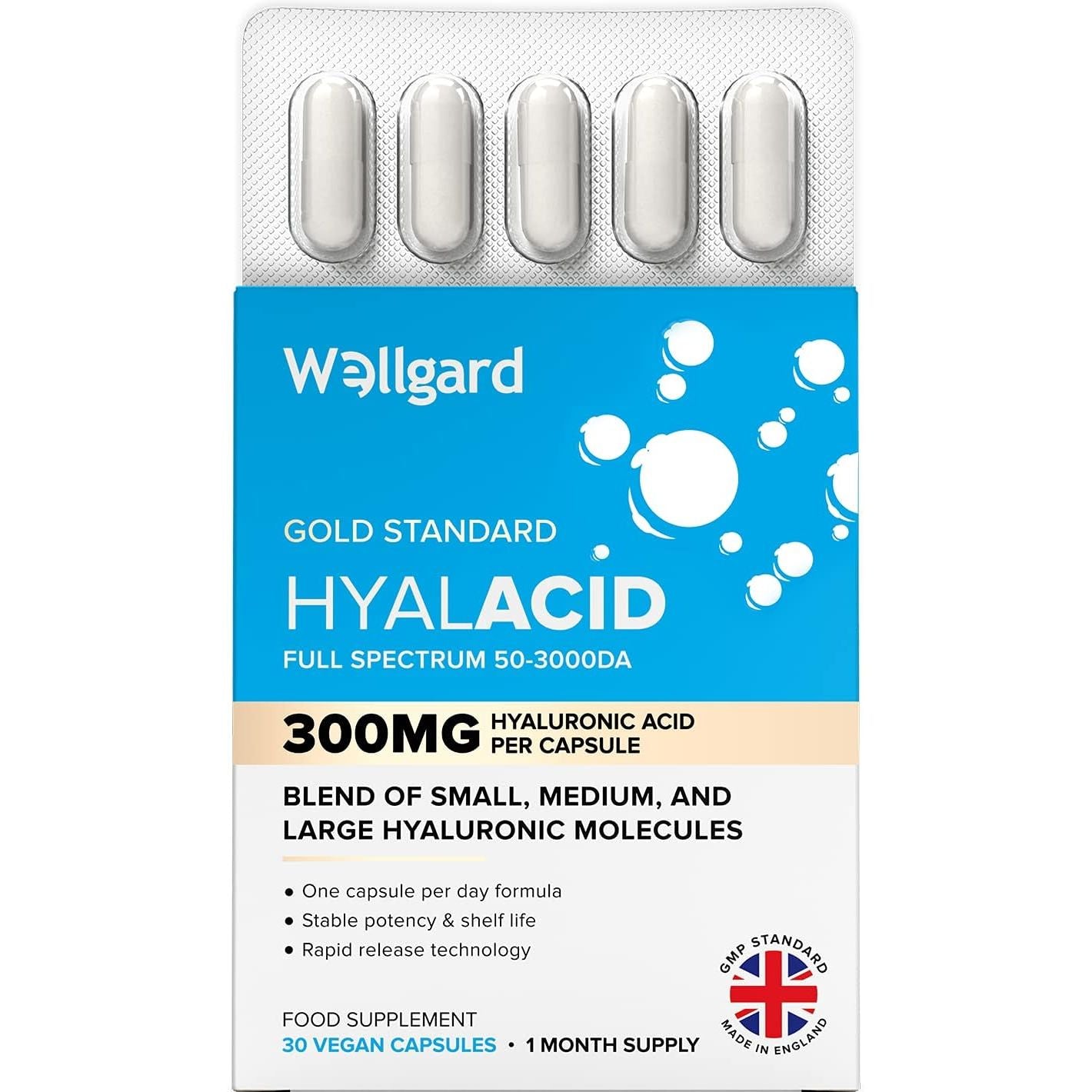 Wellgard Vegan Hyaluronic Acid Supplements, 50 to 3000 DA - Hyaluronic Acid Capsules, Made in UK