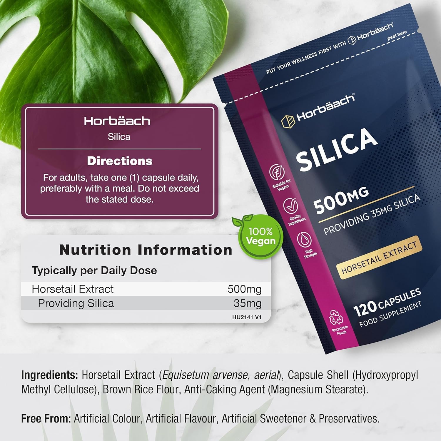 Silica Supplement 500Mg | High Strength Silica from Horsetail Extract | 120 Powder Capsules | Vegan | 4 Month Supply | by Horbaach