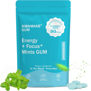 90Pcs L Theanine Supplements, Energy & Focus Gum, with L-Theanine and Natural Caffeine, for Energy & Focus Peppermint Chewing Gum with B-Vitamins, Sugar-Free Dietary Supplement