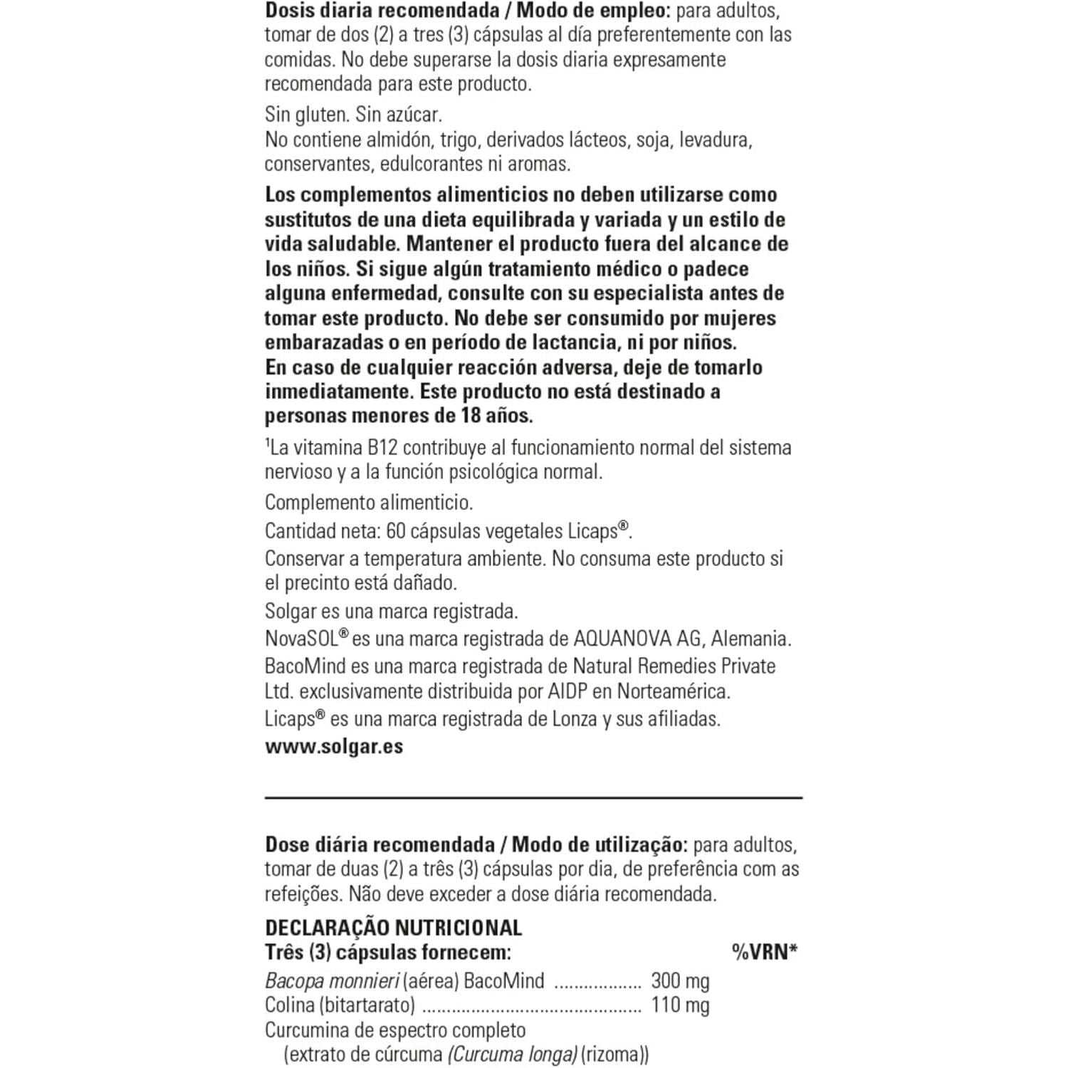 Solgar Brain Works with Full Spectrum Curcumin & Bacomind - Mind and Memory Vitamines - Choline Supplement - Supports Focus & Mental Performance - Gluten Free - Vegan Capsules - Pack of 60